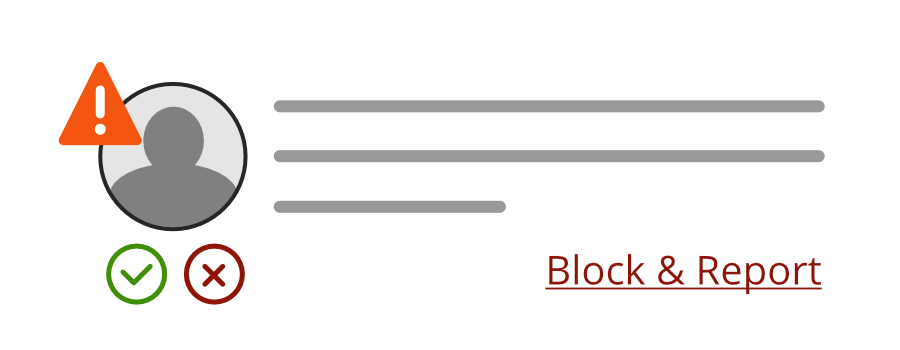 A popup showing a suspicious account and the text to "Block & Report" it.
