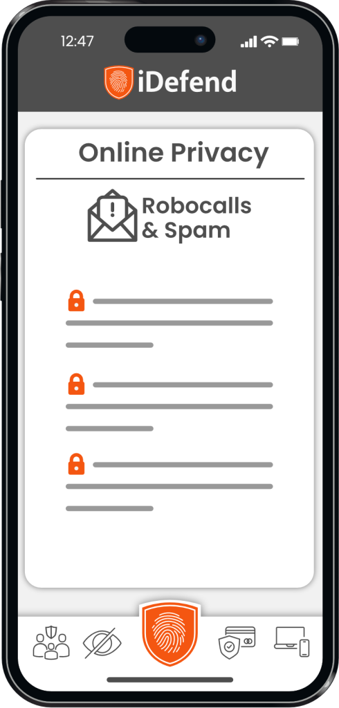 A smartphone with the heading "Robocalls and Spam" and a graphic showing lines of text next to padlock icons.