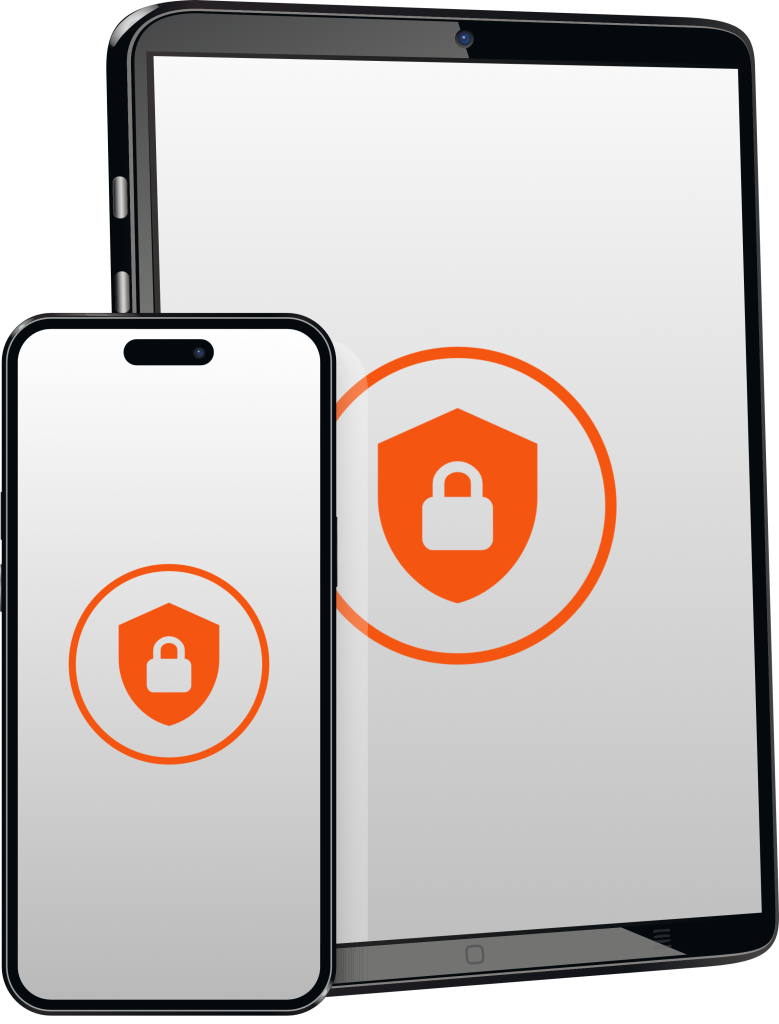 A mobile phone and tablet with a security icon on their screens.