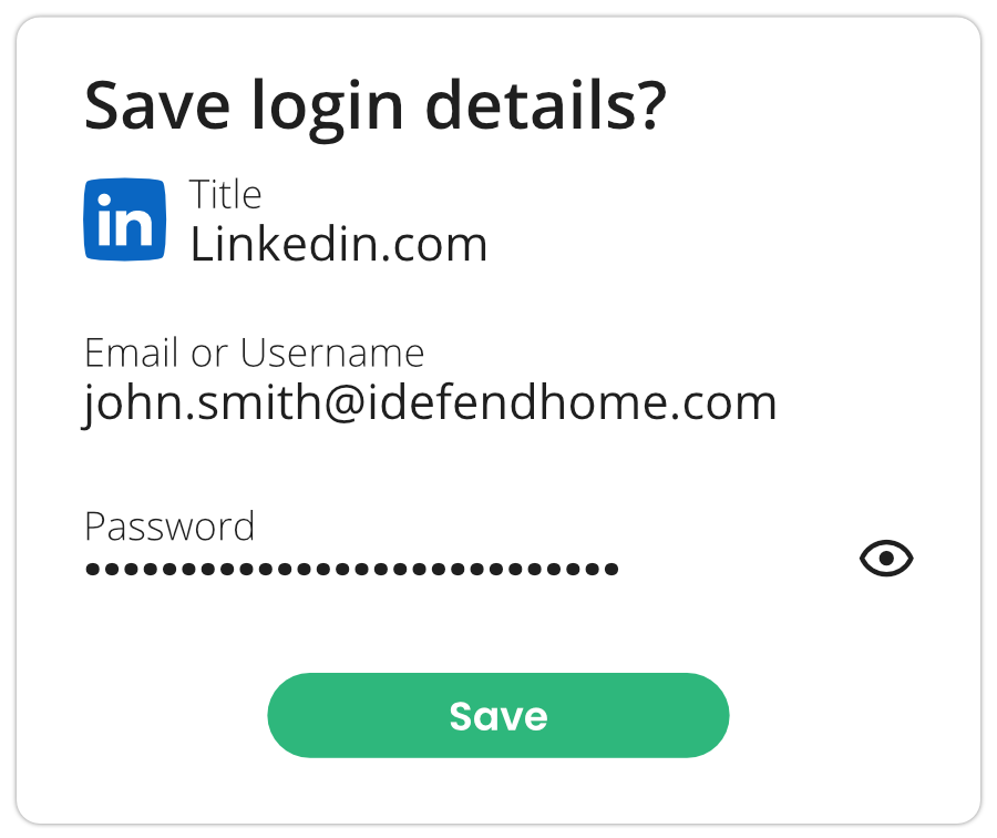 A popup from a password manager that reads "Save login details?" and lists the associated account, email address, and password, with a "Save" button at the bottom.