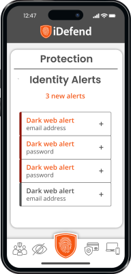 A mobile phone screen displaying identity alerts. The alerts are all titled "Dark web alert" and the followed by the alert type: email, password, etc.