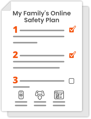 a graphic that titled "Family Safety Plan" that looks like a couple stacked pieces of paper. The top page is visible and has some numbered steps with check marks represented.