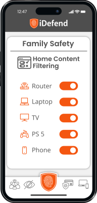 A mobile phone screen that says: "Family Safety", "Home Content Filtering", and lists five devices all switched to the "on" position: Router, Laptop, TV, PS 5, and Phone.